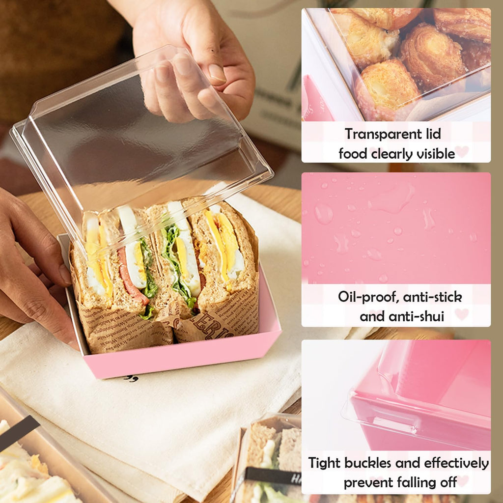BUIYLV 50 Pack Charcuterie Boxes with Clear Lids, 4 Inches Pink Dessert Boxes To Go Disposable Mini Charcuterie Boxes for Cookie, Sandwich, Strawberry, Cupcake, Macaron, Cake Slice