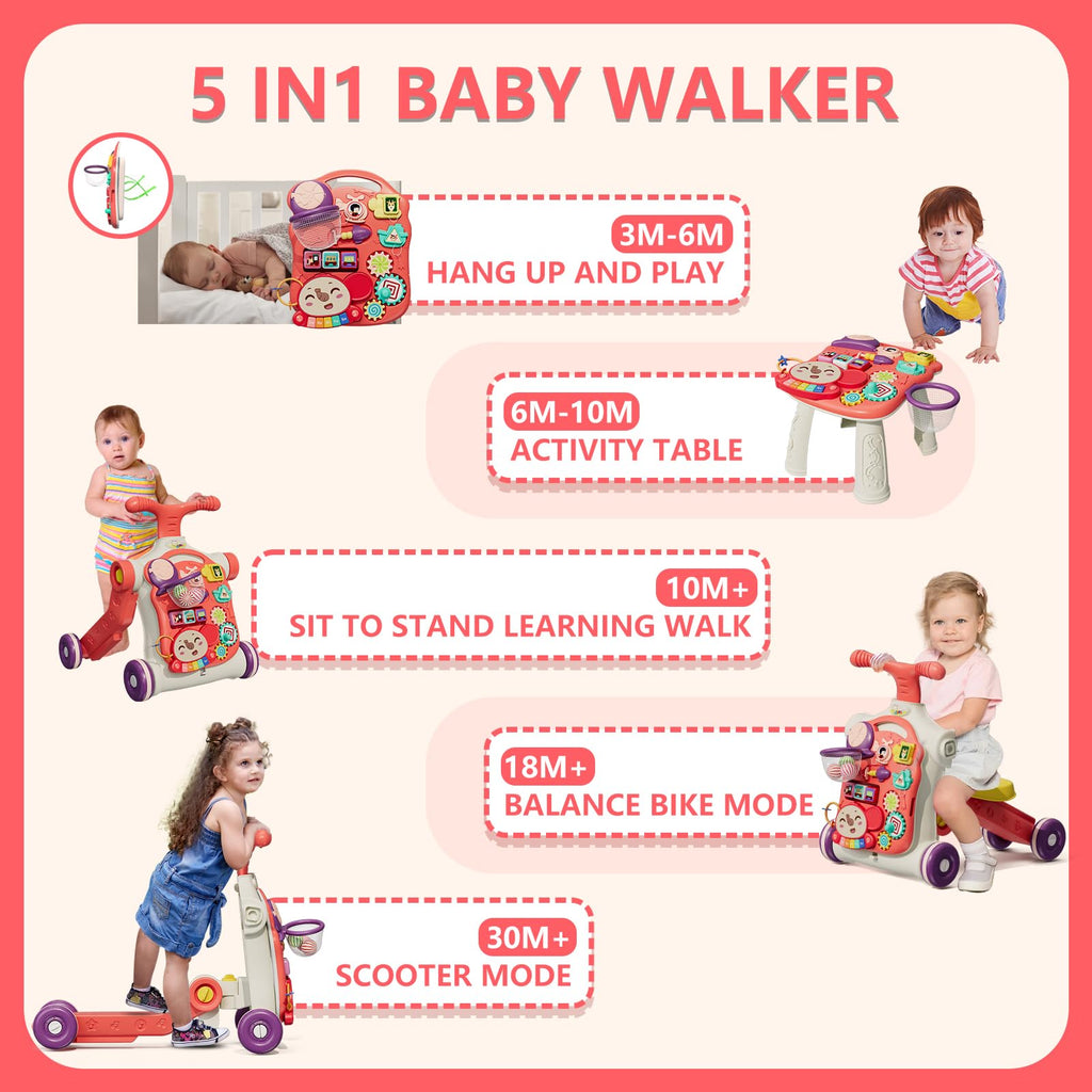 HYES Upgraded 5 in 1 Baby Walker and Activity Center for Baby Girl, Learning to Walk, Sit to Stand, Early Learning Push Toys for Infant 12 Months, Walking Toys Gift for Toddler Girls, Red