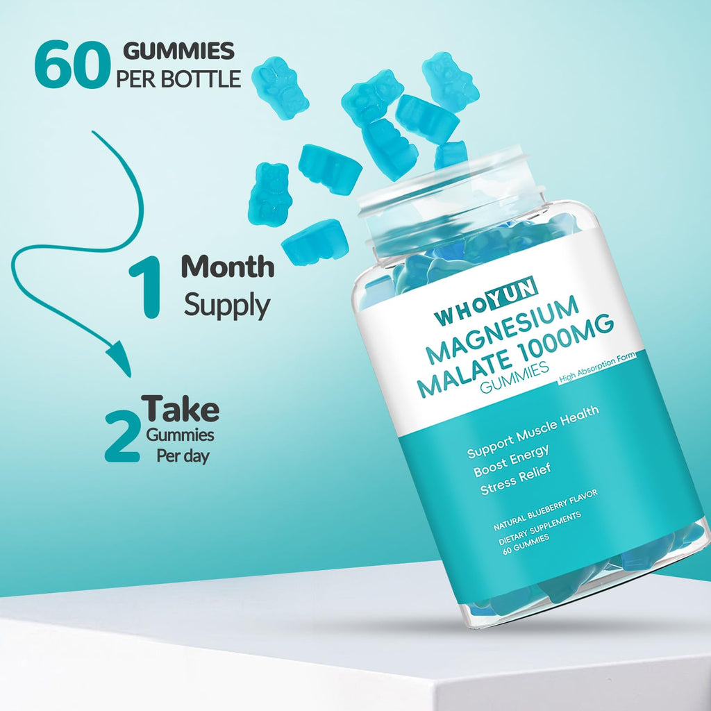 Whoyun Magnesium Malate Gummies 1000mg, Enhanced Absorption Magnesium Chewables Supplement with Malic Acid for Energy Boost & Muscle Health, 60 Count