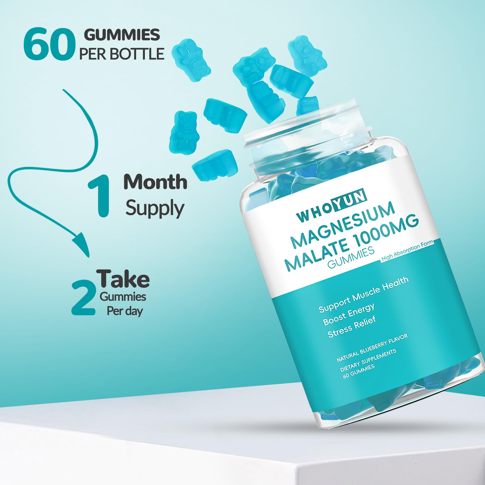 Whoyun Magnesium Malate Gummies 1000mg, Enhanced Absorption Magnesium Chewables Supplement with Malic Acid for Energy Boost & Muscle Health, 60 Count