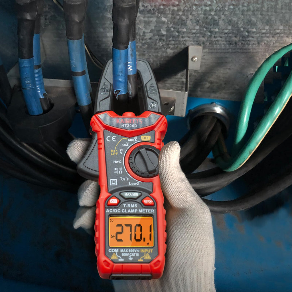 KAIWEETS HT206B Digital Clamp Meter T-RMS 6000 Counts, Multimeter Voltage Tester Auto-ranging, Measures Current Voltage Temperature Capacitance Resistance Diodes Continuity Duty-Cycle (AC Clamp Meter)
