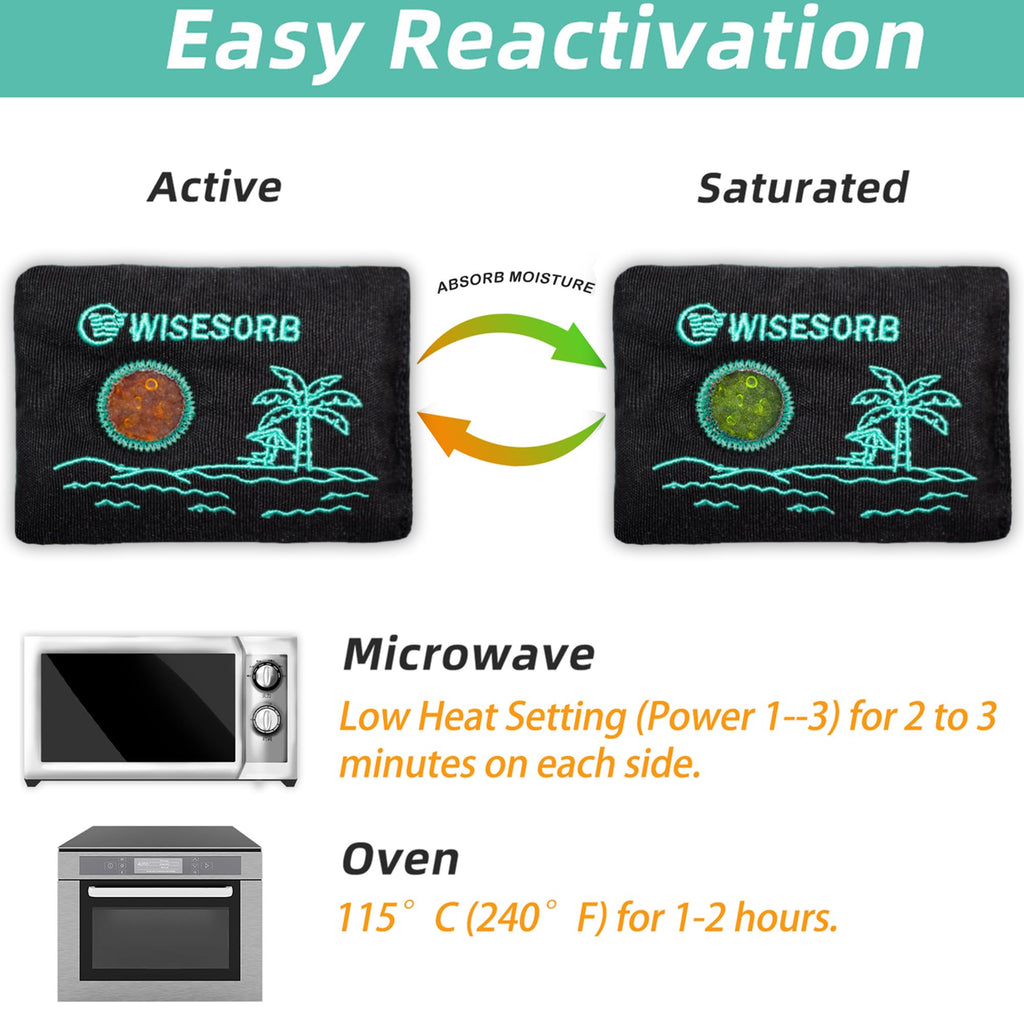 Wisesorb 6 x 500 Gram Rechargeable Silica Gel Desiccant Packs, Microwave Reactivated Moisture Absorbers, Color Indicating Reusable Dehumidifier for Car, Closet, Basement, Garage