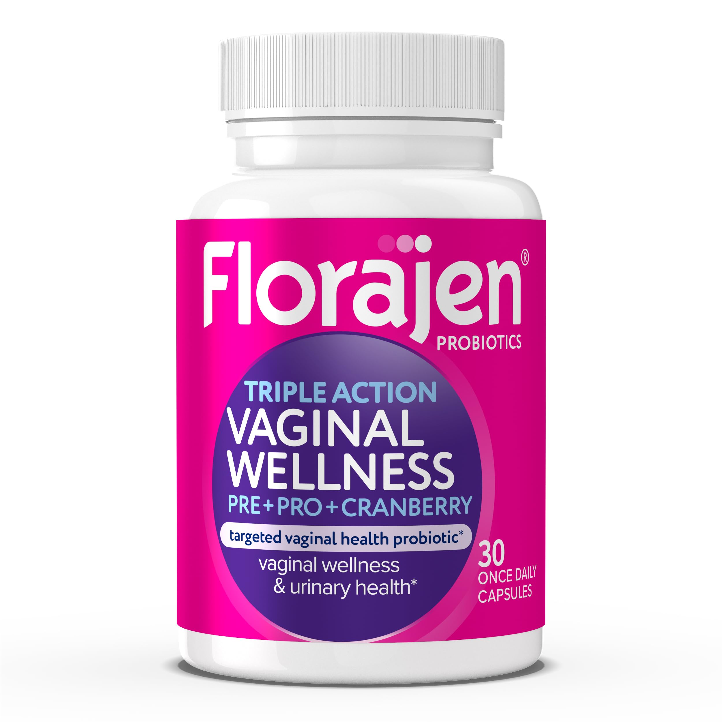 Florajen Women’s Triple-Action Probiotic, Prebiotic + Probiotic + Cranberry for Vaginal, Digestive, & Immune Support - Fast-Acting - Clinically-Studied - Gluten-Free & Vegan - 30-Count
