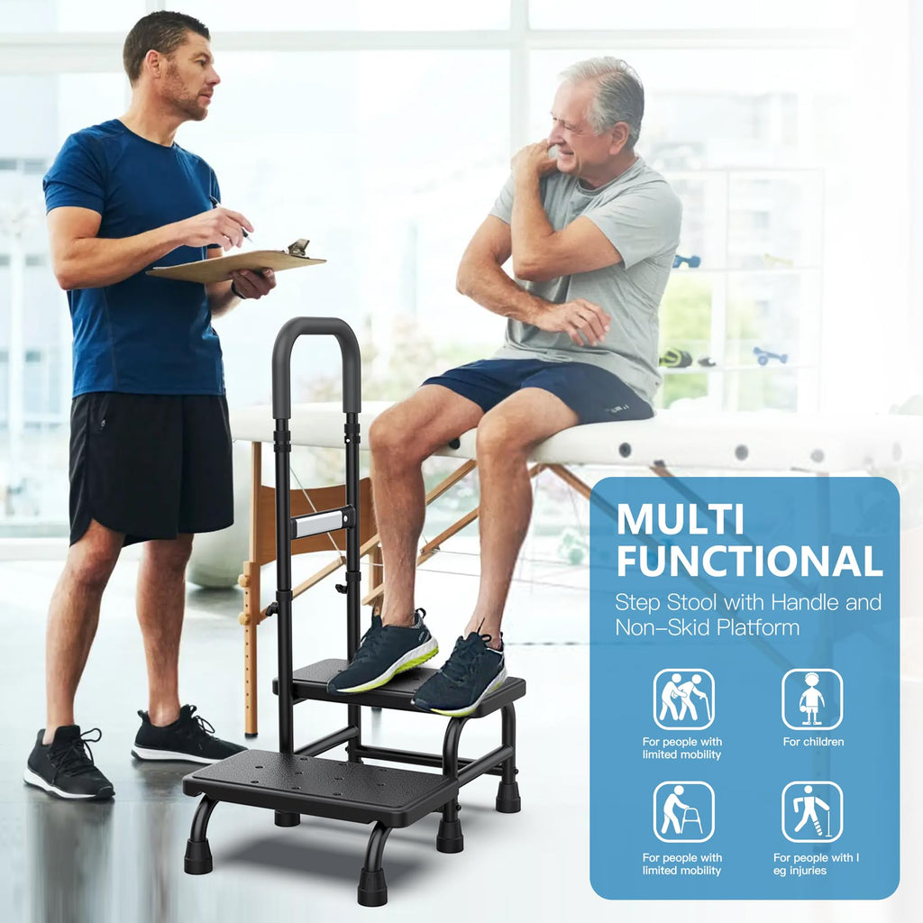 [2025 Upgrade] 2 Step Stool with Handle for Elderly with Sensor Night Light,Medical Heavy Duty Step Stool with Adjustable Handrail, Bedside Steps for People with Mobility Impairments,350lbs