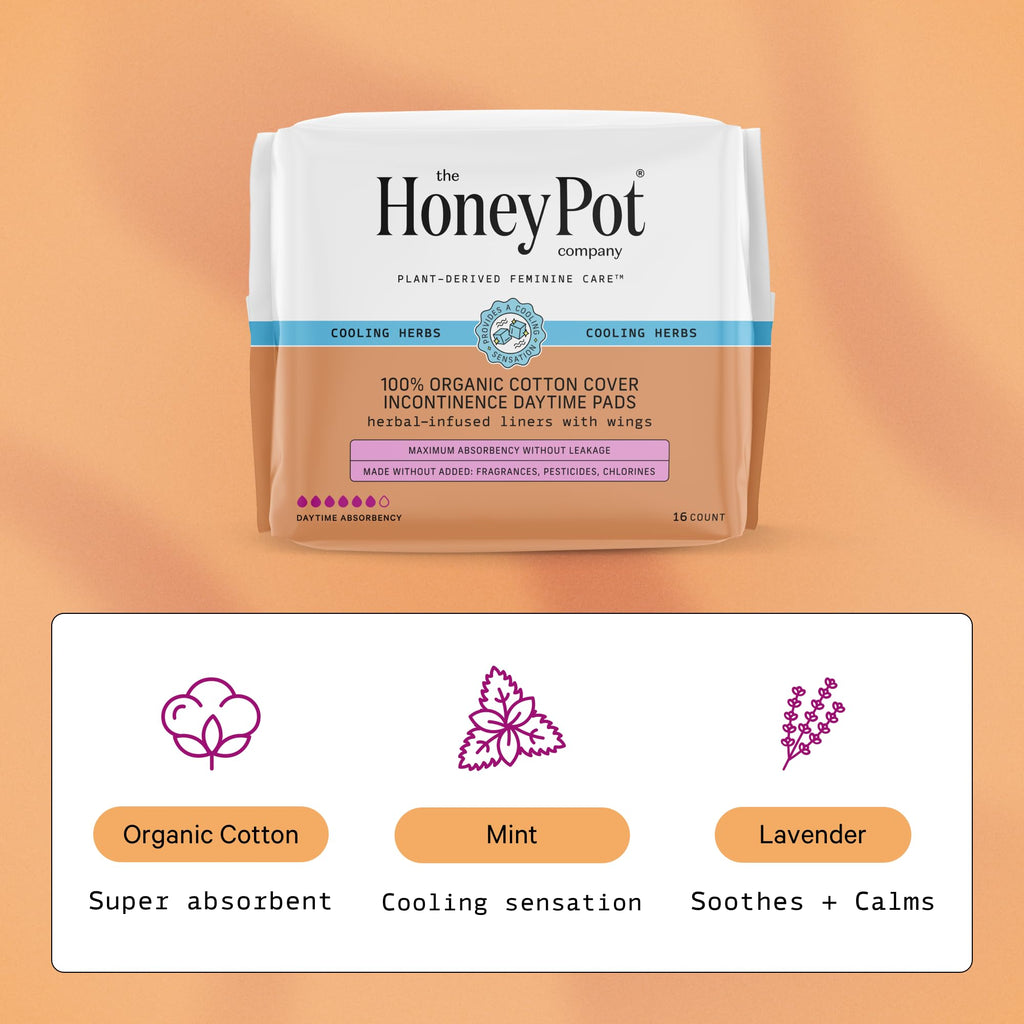 The Honey Pot Company - Herbal Pads for Women - Organic Incontinence Daytime w/Wings. Infused w/Essential Oils for Cooling Effect & Postpartum Essentials - Feminine Care - 16ct.