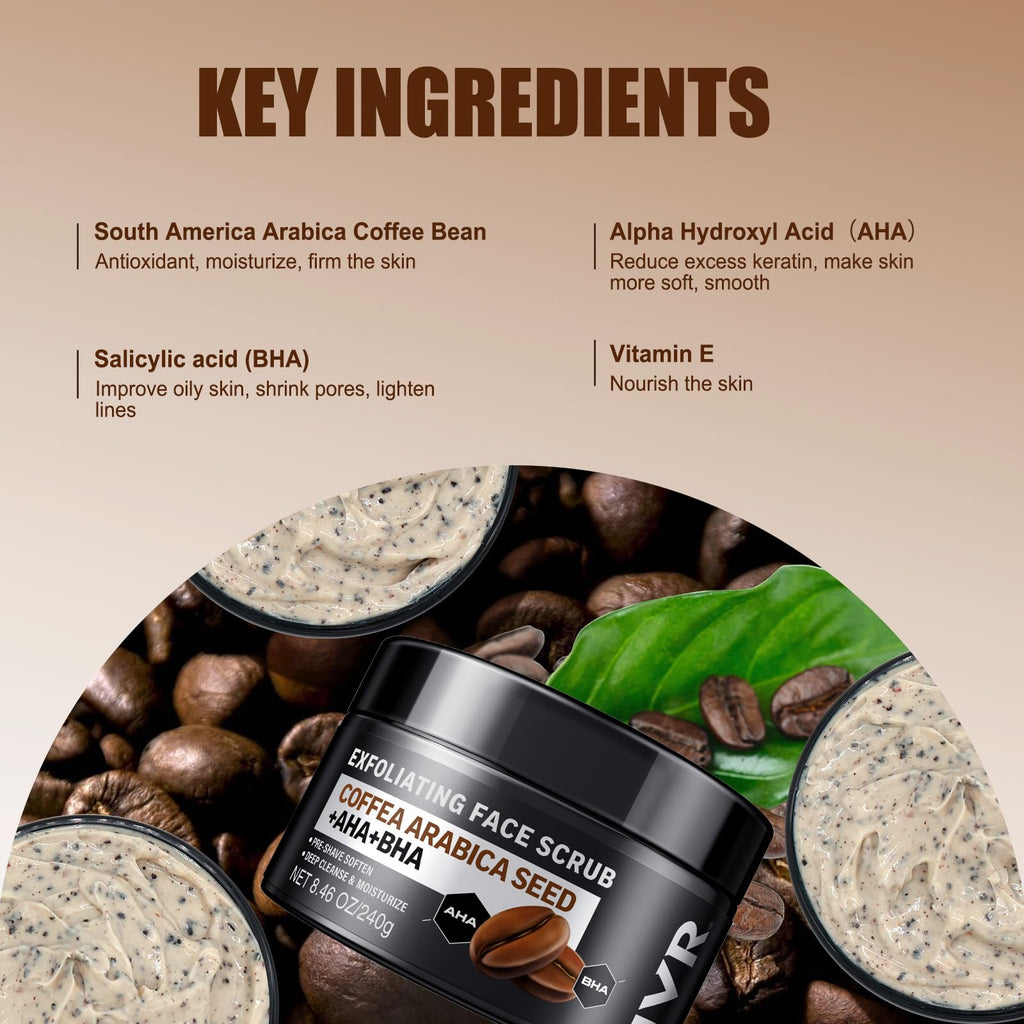 JVR Face Scrub for Men, Facial Scrub for Deep Exfoliating, Cleansing Blackheads, Ingrown Hair, Pre-shave Soften, Organic Formulated with Coffee Extract, AHA and BHA Face Exfoliator (8.46 oz)