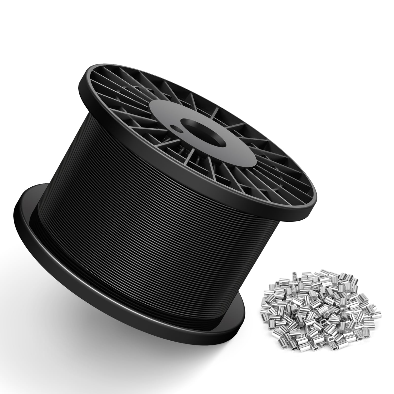 KALLSDY Black Vinyl Coated Wire Rope 1/16", 600FT 304 Stainless Steel Cable with 250PCS Aluminum Crimping Loop Sleeves for String Light Cable, Clotheslines, Trellis and Light Picuture Hanging