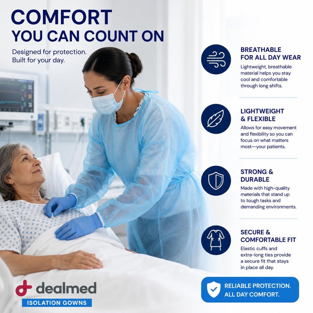 Dealmed Blue Isolation Gown – Disposable Medical Gowns, Latex-Free, Perfect for Hospitals, Medical Facilities, and Physicians’ Offices (Case of 50)