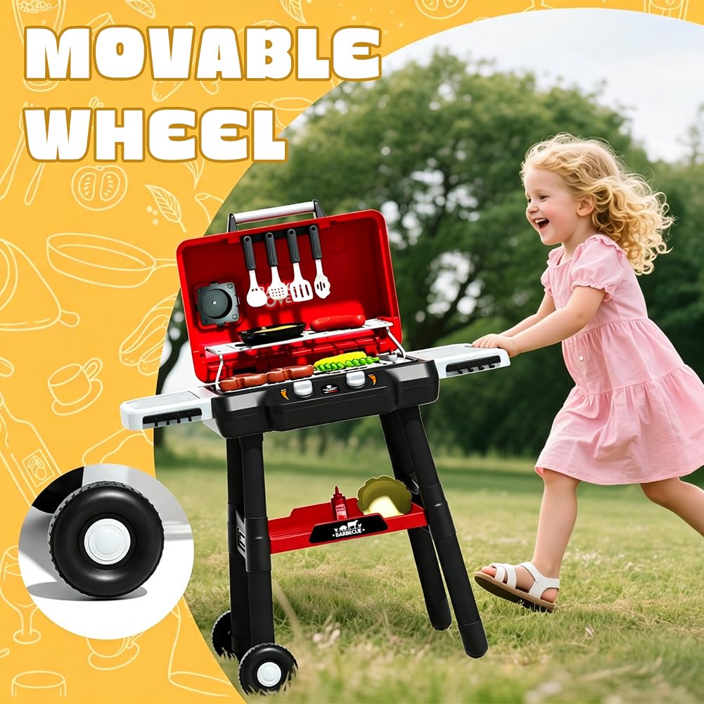 Kids Grill Playset, BBQ Toy Grill with Smoke Sound Light and Wheel, Movable Pretend Play Kitchen Toys Grills for Toddlers 3-5, 2-Layer Barbecue Play Food Christmas Birthday Gifts for Grandkids