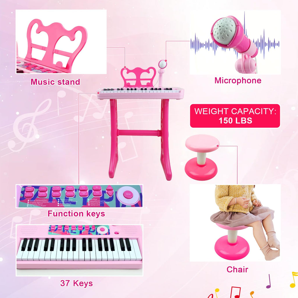 Love&Mini Kids Keyboard Toys for Girls - 37 Keys Pianos Toy with Stool and Microphone Pink Electronic Musical Instrument, Christmas Birthday Gift for Kids 3 4 5 6 7 8 Years Old Boy and Girl
