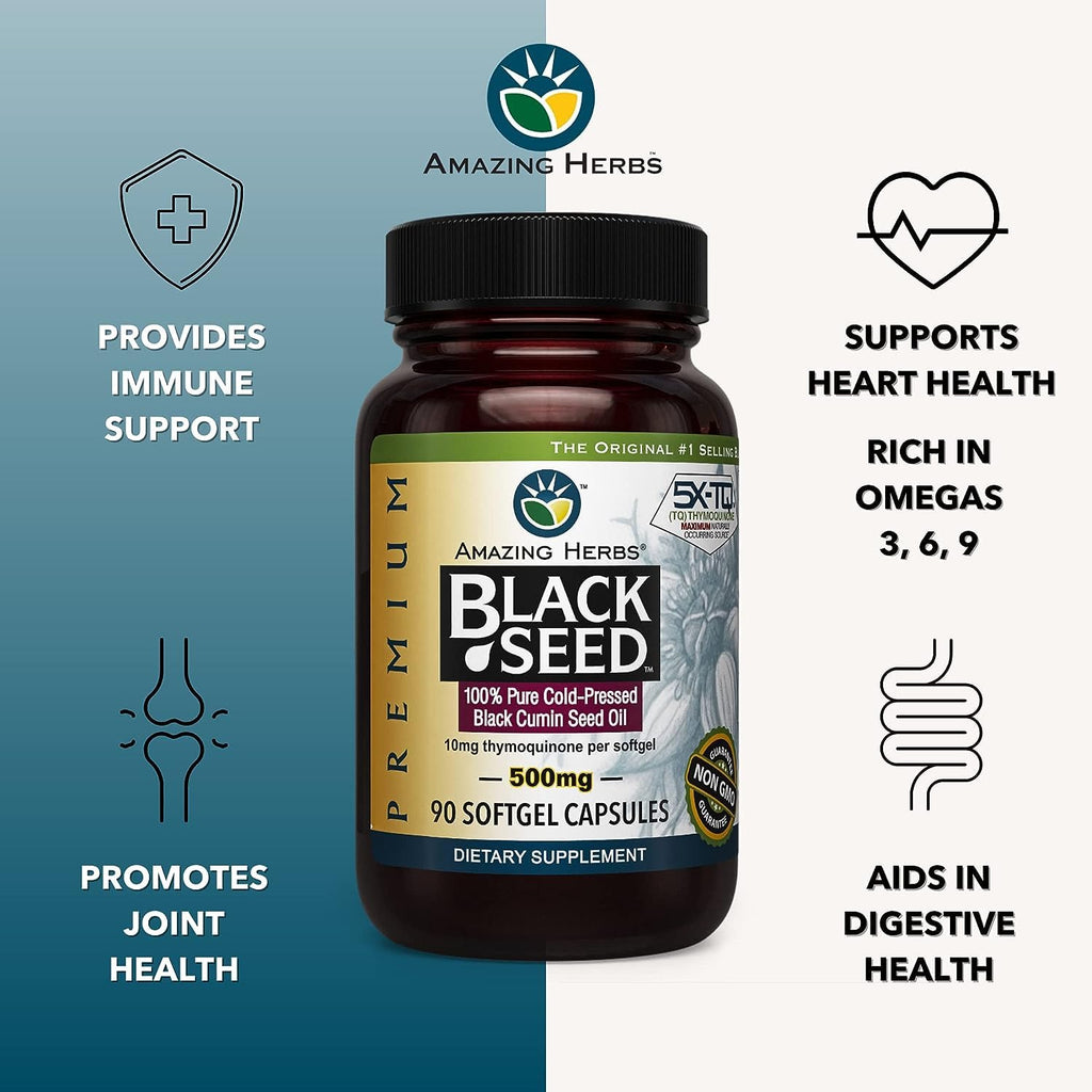 Amazing Herbs Premium Black Seed Oil Capsules - Gluten Free, Non GMO, Cold Pressed Nigella Sativa Aids in Digestive Health, Immune Support- 90 Count, (Pack of 2)