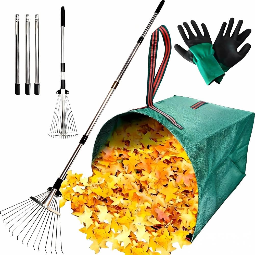RISETEX Leaf Rake with 53 Gal Leaf Bags, Expandable Heavy Duty Metal Set