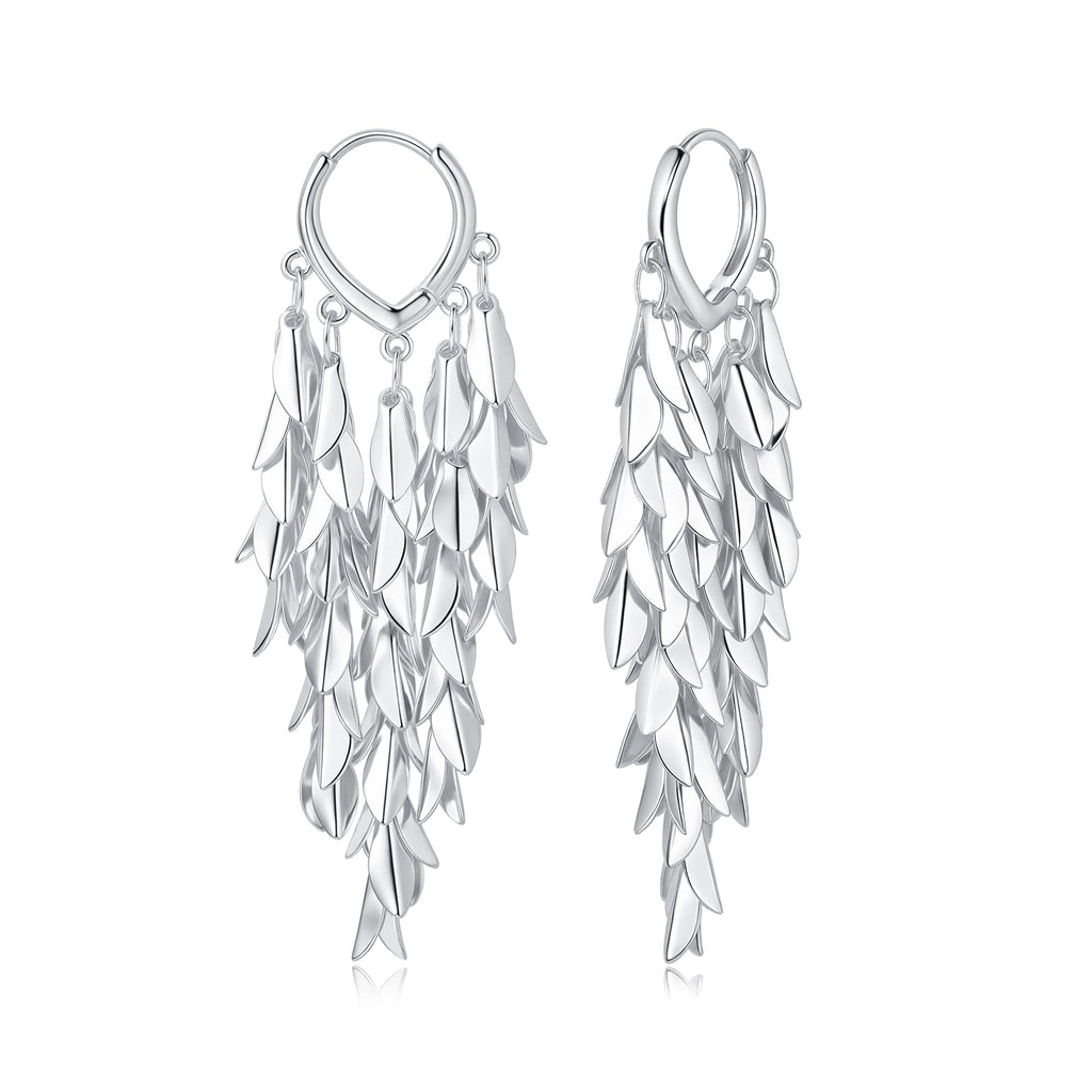 Sylph Silver Chandelier Earring for Women Copper, Long Tassel Dangle Drop Earrings, Leaf Huggie Earring Bohemian Jewelry Gifts for Everyday Wear