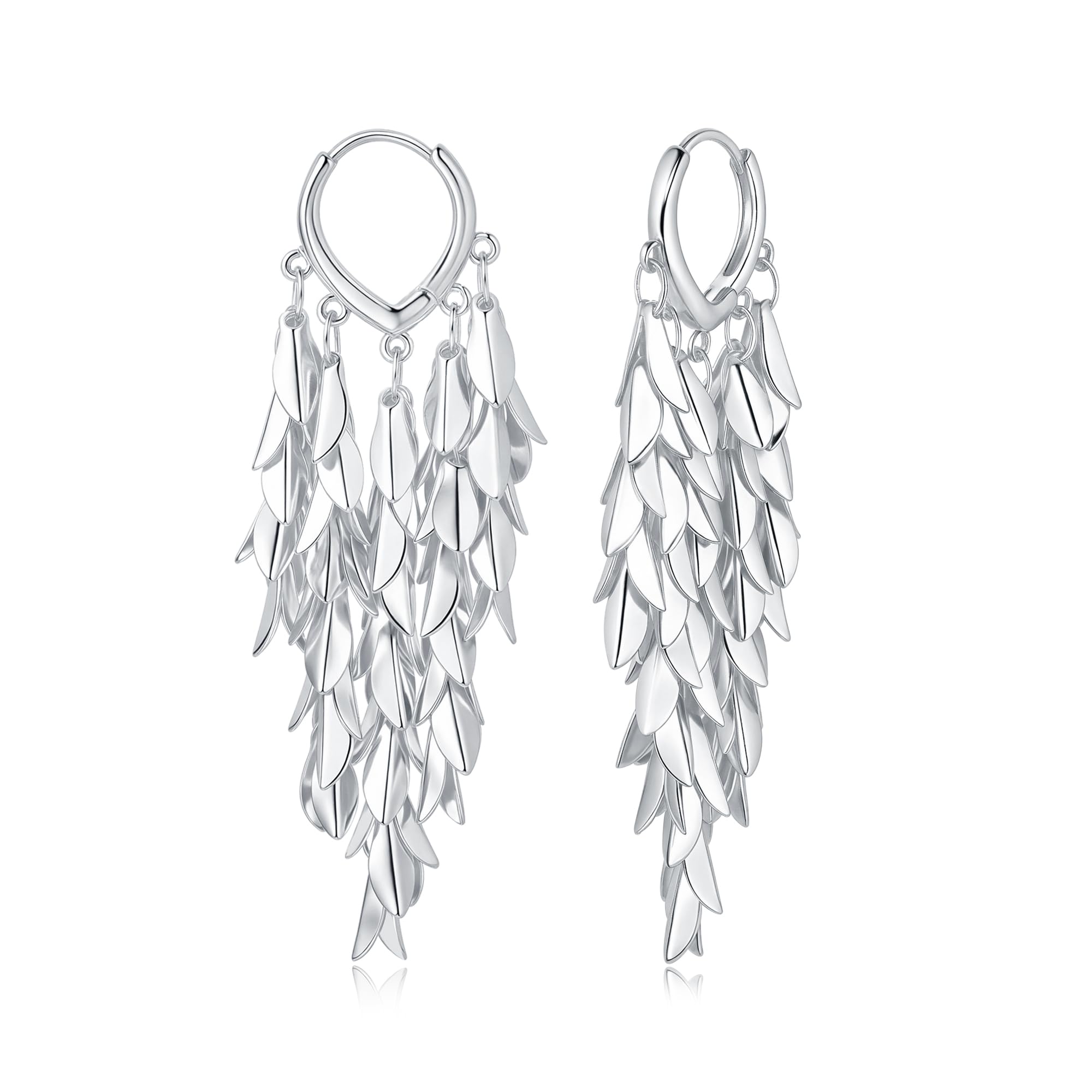 Sylph Silver Chandelier Earring for Women Copper, Long Tassel Dangle Drop Earrings, Leaf Huggie Earring Bohemian Jewelry Gifts for Everyday Wear