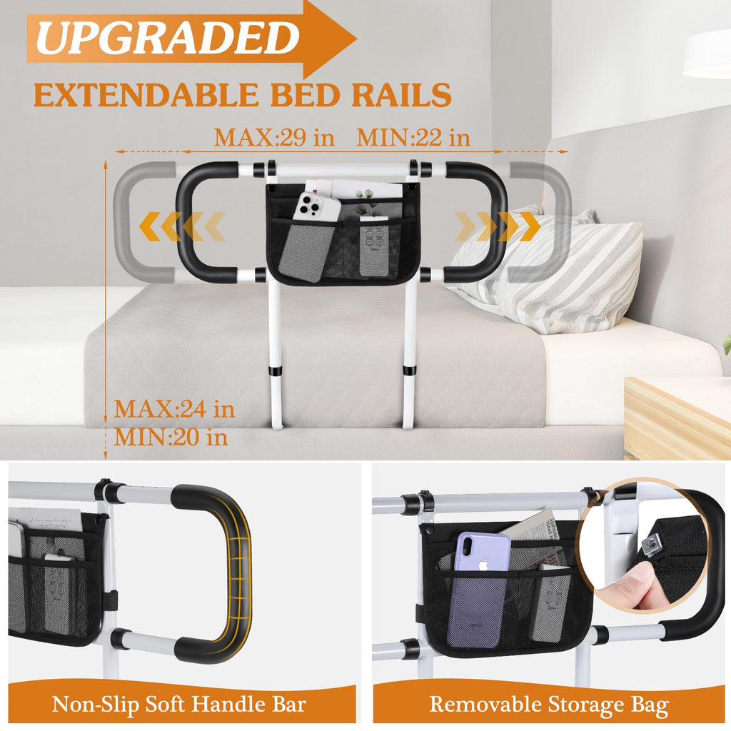 Bed Rails for Elderly Adults Safety - Extended Bed Assist Rail for Seniors - ASTM Approved Adjustable Bed Side Rails Handle Support Bar with Storage Bag & Fixing Strap, Fit King Queen Full Twin