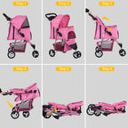 Epetlover 3 Wheels Dog Stroller Folding Pet Strolling Cart for Small Medium Cats Puppies Portable Jogger Travel Camping Puppy Carrier with Storage Basket Cup Holder, Pink