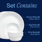 Corelle Vitrelle 18-Piece Service for 6 Dinnerware Set Triple Layer Glass and Chip Resistant, Lightweight Round Plates and Bowls Set, Winter Frost White