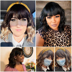Black Mixed Brown Wig for Black Women Short Wavy Curly Bob Wig with Bangs