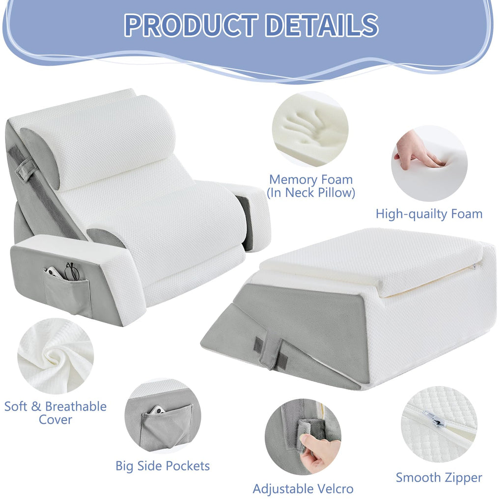 Paxato 9PCS Wedge Pillow Set for After Surgery Recovery, Adjustable Memory Foam Neck Pillow, Foam Leg Pillow, Relieves Neck, Leg Pain, Sleep Apnea, and Functions as a Reading Pillow, Gray