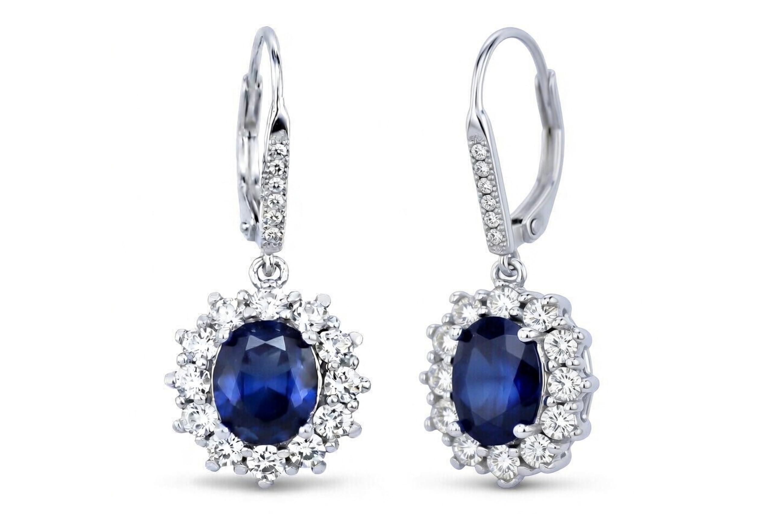 Amy & Annette Blue Sapphire Earrings - 18k White Gold Plated Leverback Drop and Dangle Halo Earring for Women - Great Gift Idea for Every Occasion