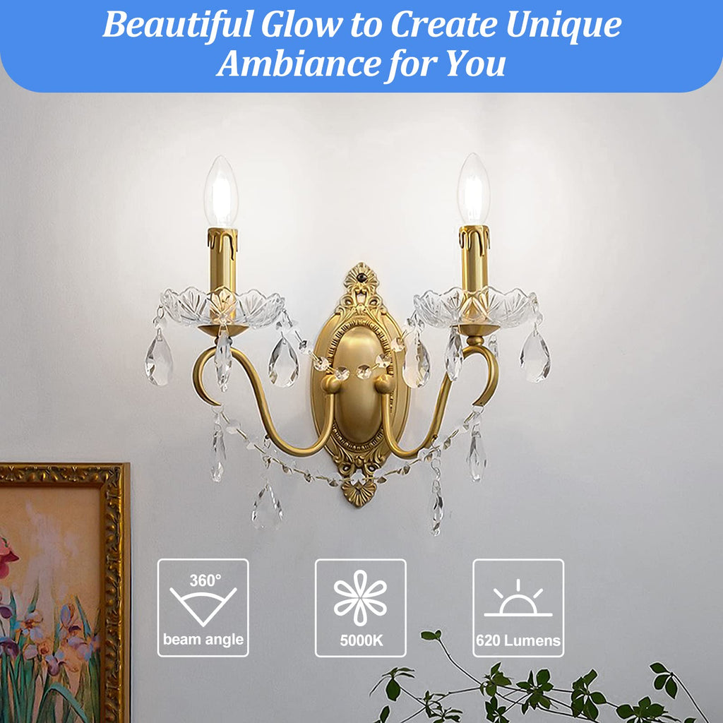 Brightever E12 Candelabra LED Light Bulbs 60 Watt Equivalent, 620 Lumen 6W C32 B11 Clear LED Filament Candle Bulbs, Dimmable Daylight White 5000K Chandelier Light Bulbs for Ceiling Fan, Pack of 5