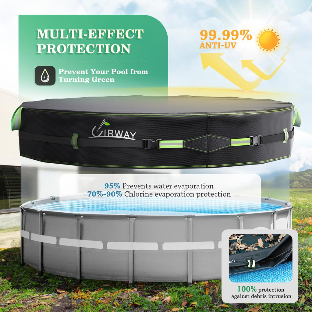 UIRWAY 500D Pool Cover 16FT Round [2026 Upgraded Heavy Duty Fabric] Solar Pool Covers for Above Ground Pools, New Super Windproof Gel-Coated Tarp Straps, Swimming Pool Covers with UV Protection