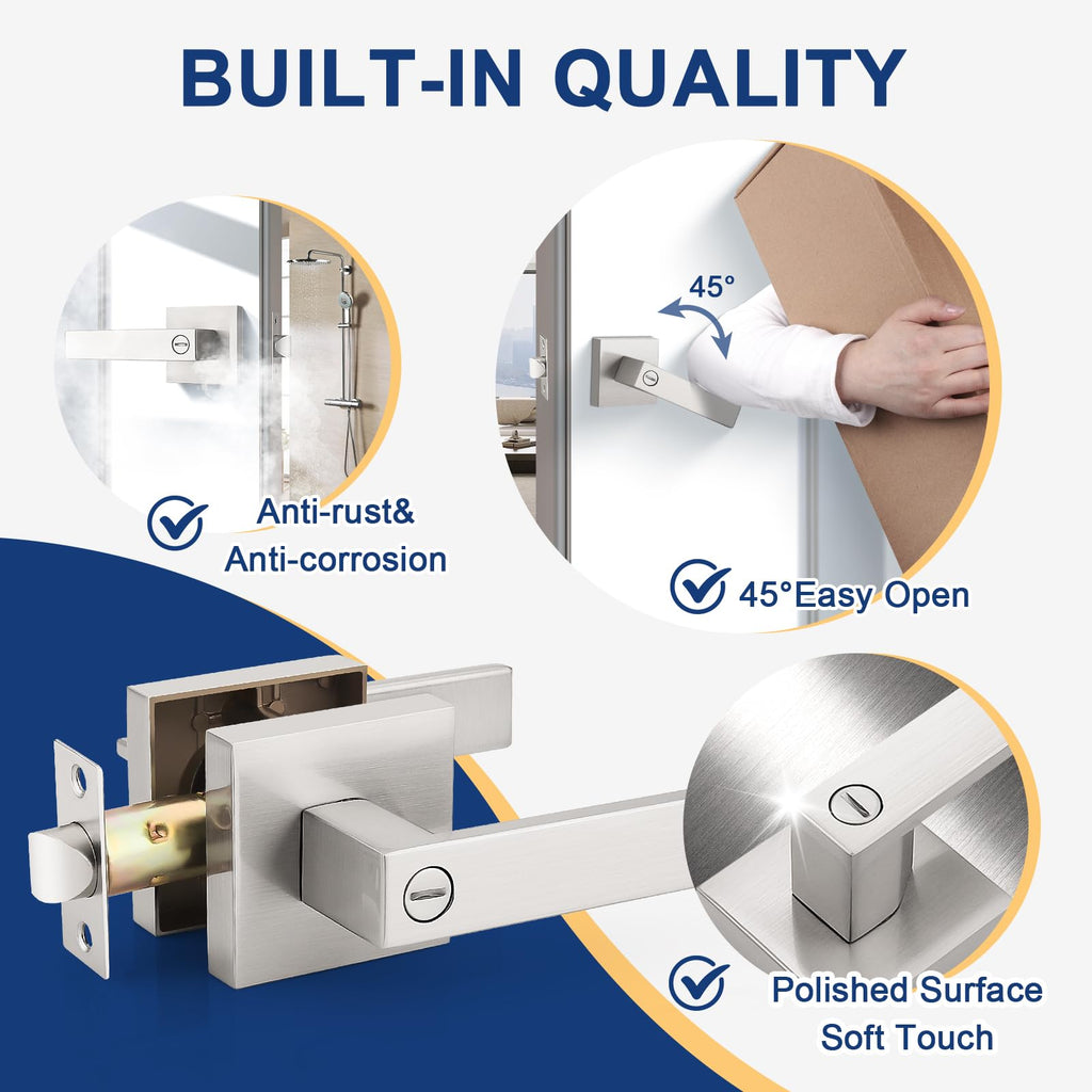 KNOBWELL 20 Pack Heavy Duty Square Door Handle Brushed Nickel Door Lever with Lock Bed and Bath Privacy Handle Bulk Door Knobs(No Key)