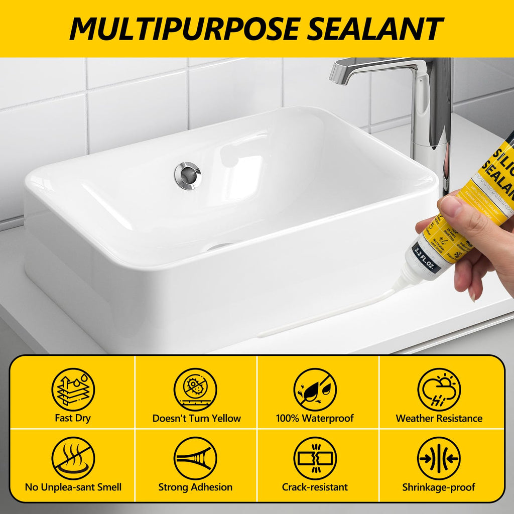 LISRUX Advanced White Silicone Caulk for Kitchen & Bathroom - 6 Pack (3.2 Fl Oz Each) | 100% Waterproof Silicone Sealant | Super Strong Adhesion, Shrink & Crack Proof