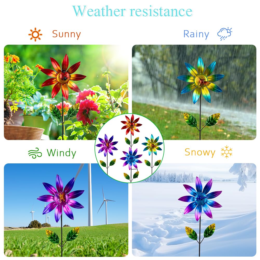 Sunnylight 4 Packs Wind Spinner Outdoor, Pinwheels for Yard and Garden, Metal Flower Decorative Garden Stakes for Lawn Patio Porch Decor
