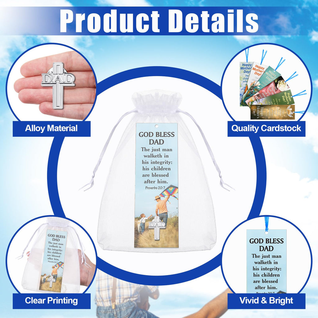 Supervitae 24 Pcs/ 12 Sets Father's Day Bookmark Gifts Bulk God Bless Dad Lapel Pin with Bookmark Gift Set, Include 12 Proverbs 20: 7 Christian Bookmarks 12 Cross Dad Pin for Religious Church Prizes