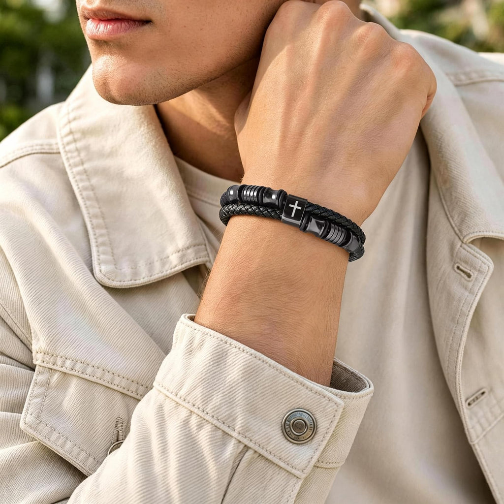 Christian Black Leather Bracelet for Men, Braided Leather Cross Adjustable