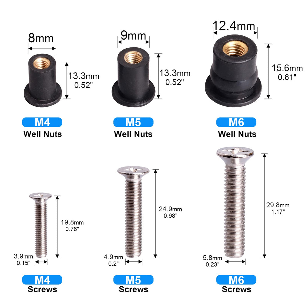 WEDAMER 72 Pairs M4 M5 M6 Neoprene Well Nuts with Stainless Steel Screw M5 Rubber Well Nuts Kayak Brass Copper Bolts Well Nut Kit for Kayak Motorcycle Boat Marine Windscreen Accessories (M4 M5 M6)