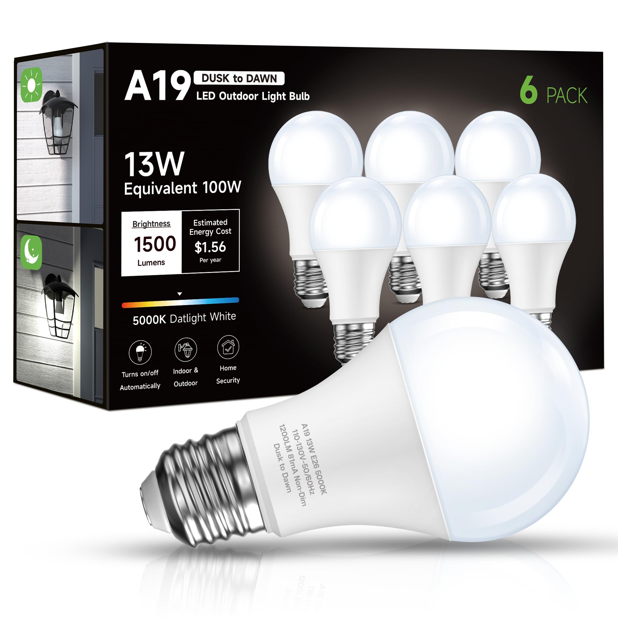 Eastiya Dusk to Dawn Sensor LED Outdoor Light Bulb, Daylight White 5000K, A19 13W(100 Watt Equivalent) Bright Porch Lighting, 1200LM, Auto-On/Off Photocell Sensor for Garage Yard Patio Garden- 6 Pack