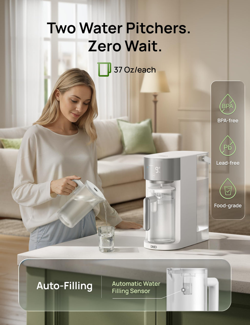 DREO Reverse Osmosis Water Filter Countertop, RO Filtration System, 3:1 Pure to Drain, TDS & Filter Life & 2 Autofill Pitchers, Self-Cleaning Water Purifier, RO Water Filter