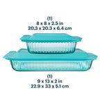 Pyrex Colors Tinted (2-Pack, Full Set) Tinted Glass Baking Dish with BPA-Free Lid, Oblong Bakeware Glass Pan For Casserole & Lasagna, Dishwasher, Freezer, Microwave and Pre-Heated Oven Safe, Aqua
