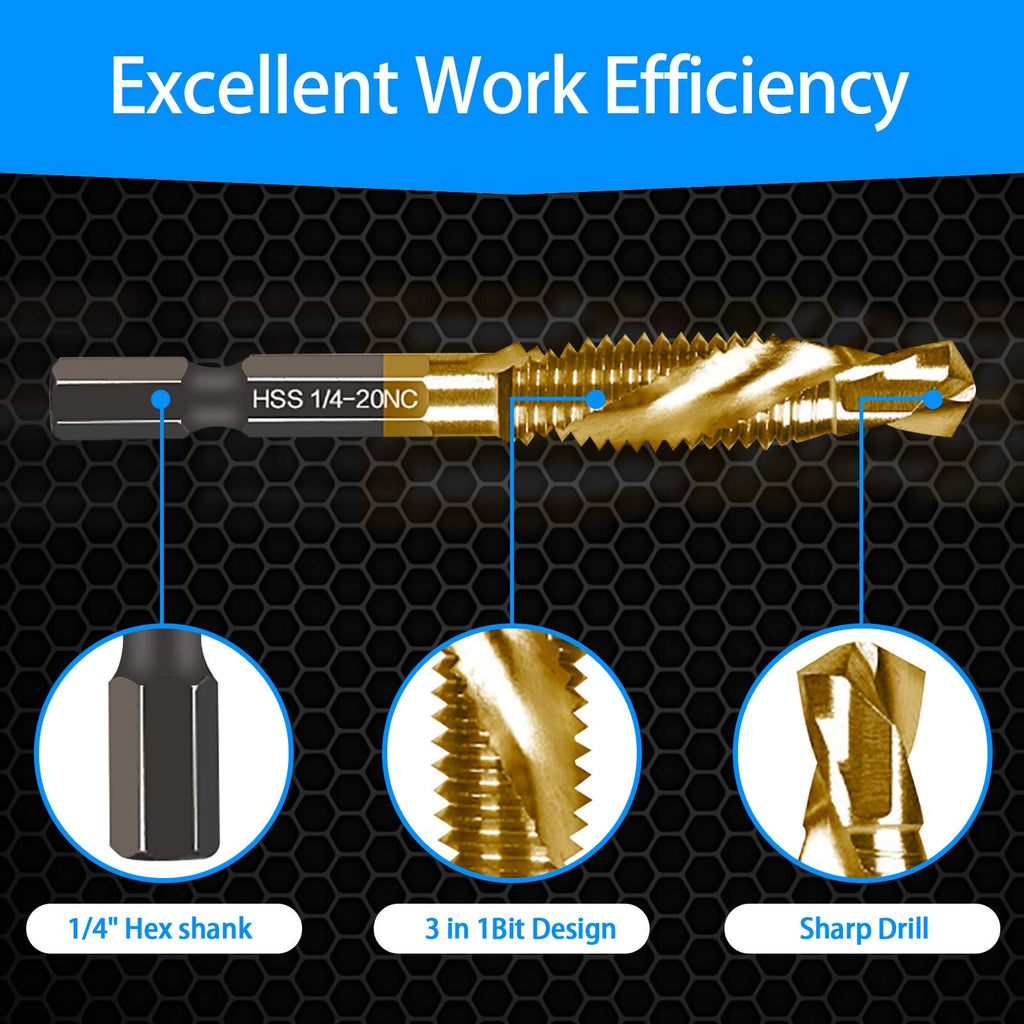 6-pc 1/4-20NC Combination Drill Tap Bit Set SAE, 1/4" UNC-20 Thread Size, Titanium Coated High-Speed Steel, Ideal for Drilling and Threading in Soft Metal Wood and Plastic, 1/4” Hex Shank