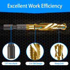 6-pc 1/4-20NC Combination Drill Tap Bit Set SAE, 1/4" UNC-20 Thread Size, Titanium Coated High-Speed Steel, Ideal for Drilling and Threading in Soft Metal Wood and Plastic, 1/4” Hex Shank