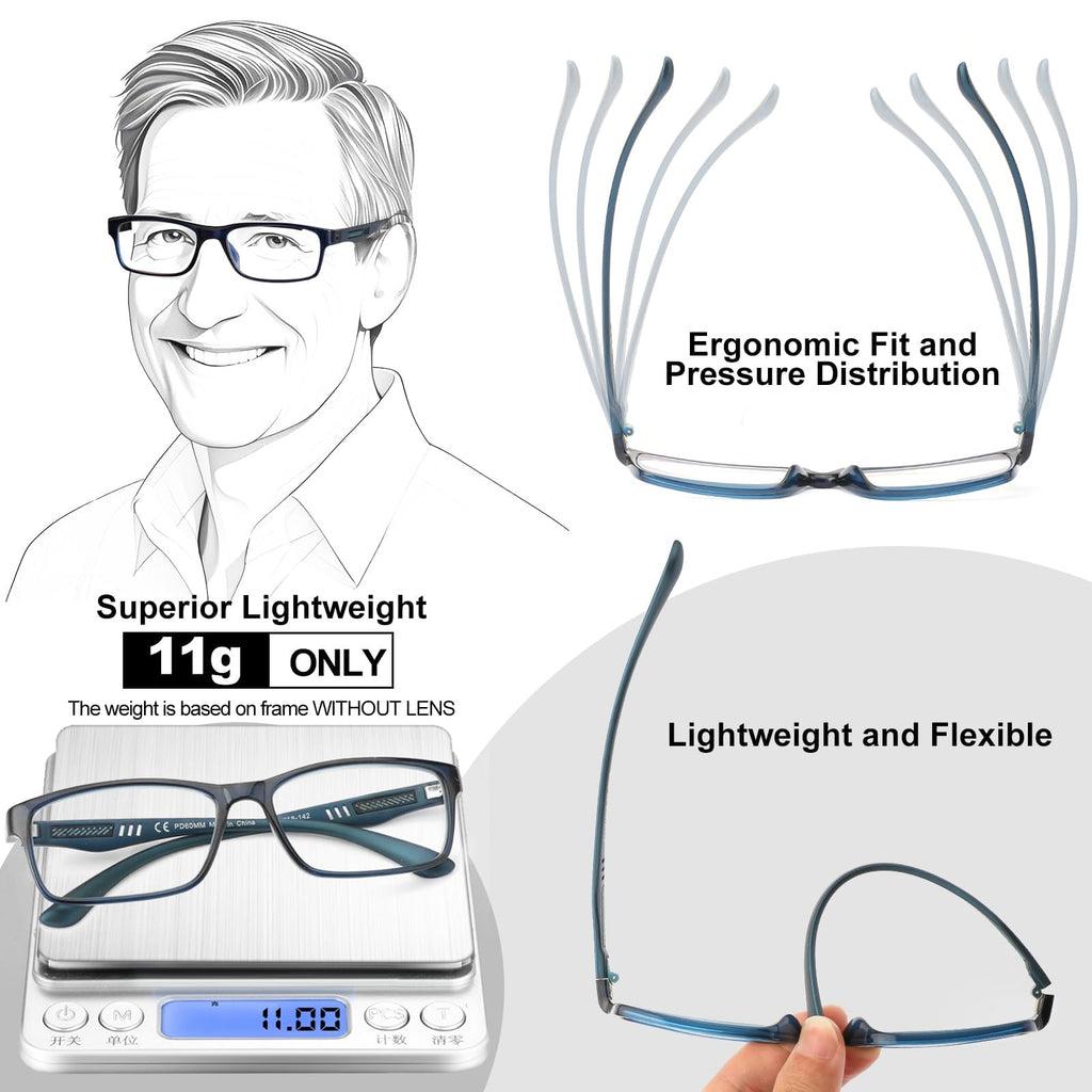 CARA Progressive Reading Glasses for Men Multifocus TR90 Readers, Superior Lightweight Blue Light Blocking Eyeglasses 2 Pack(Black+Blue, +3.50)