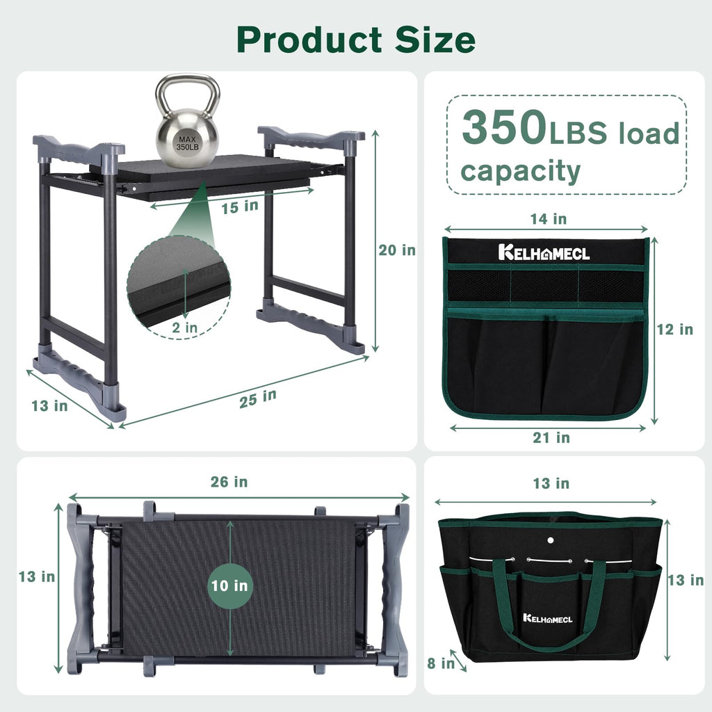 KELHOMECL Garden Kneeler and Seat - Extra Wide Thick EVA Pad, Heavy Duty Foldable Garden Bench Holds 350lbs, 2-in-1 Gardening Stool with Detachable Tool Bags, Gardening Gifts for Women, Men & Seniors