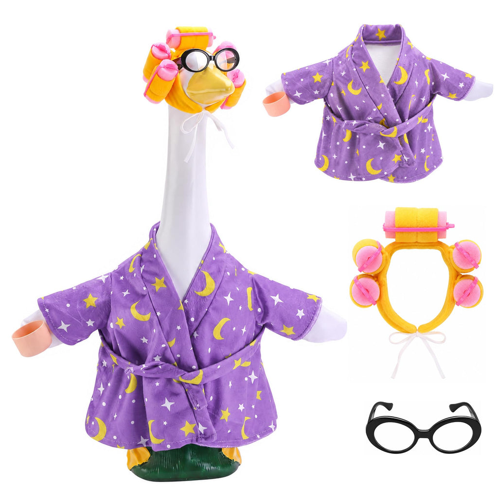 DECOHS 4 Pcs Bathrobe Porch Goose Outfit, Lawn Goose Statue Costume with Star and Moon Print, Yard Goose Bathrobe Curlers Glasses Cup Outfit for 23" Statue Patio Garden Decoration (Purple)