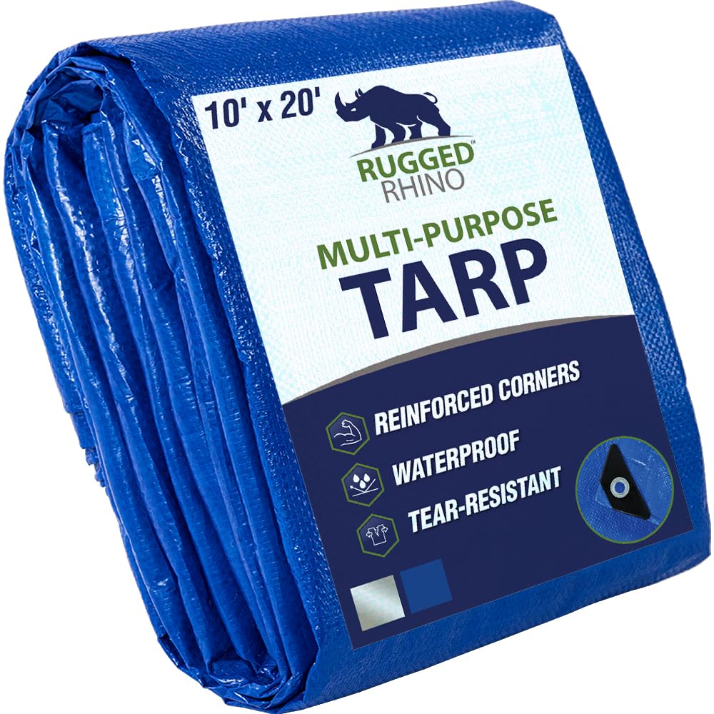 RUGGED RHINO Heavy Duty Waterproof Tarp, 10x20, UV and Tear Resistant Cover with Reinforced Grommets and Corners, Outdoor Multipurpose Tarps for Camping, Patio, Garden, Car & Roof, 5 Mil, 1 Pack, Blue