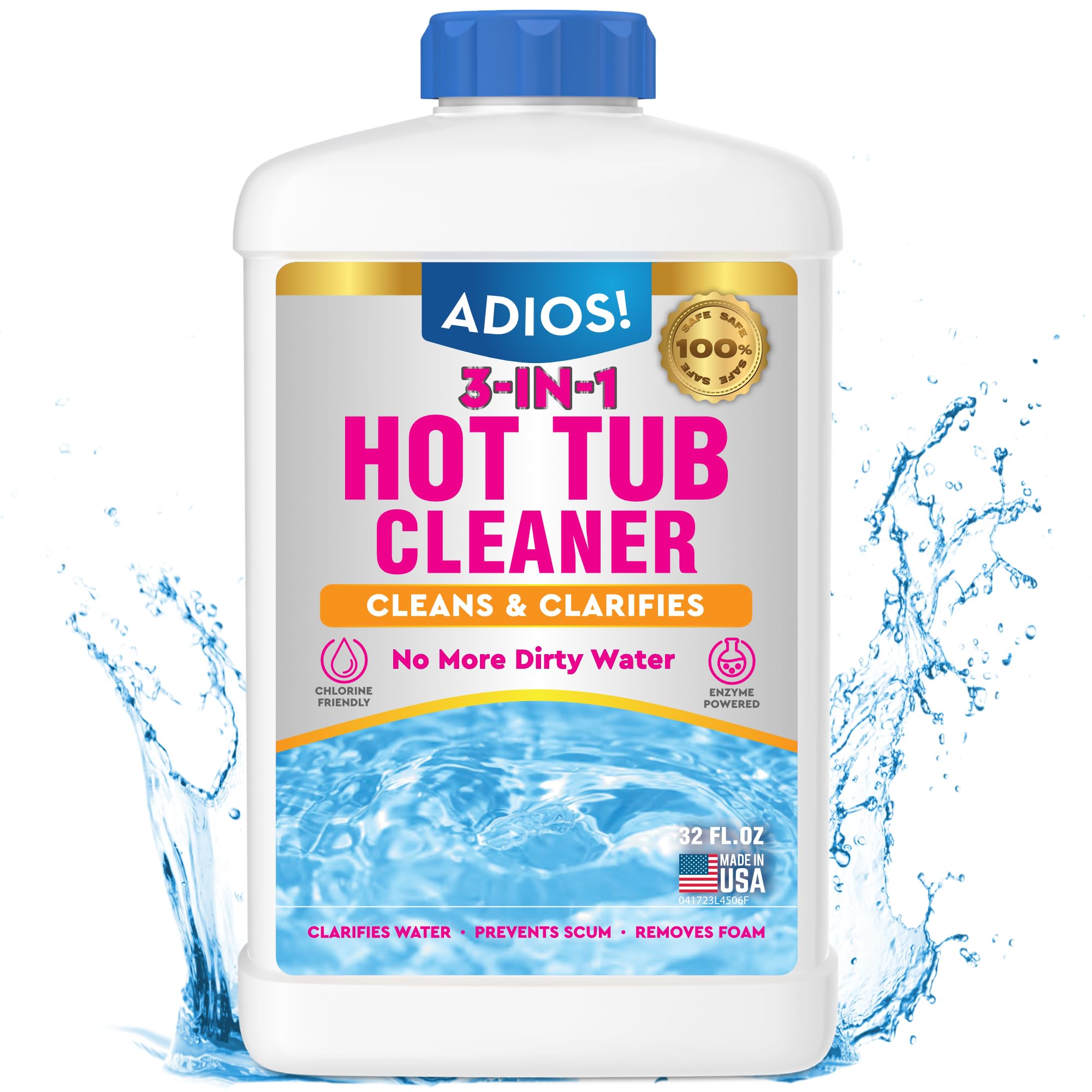 Adios! 3-in-1 Hot Tub Cleaner Clarifies Water, Prevents Scum, Removes Foam and Stops Odors - 32oz (Quart)