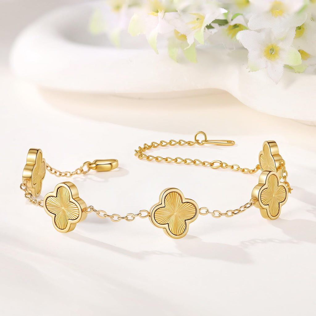 iGenztech (Sturdy Version) 18K Gold Plated Bracelets for Women Men (Double Sided) Four Leaf Clover Cute Trendy Lucky Braclet (Adjustable) Fit Wrist Within 8 Inch, Gold White Black Green Blue Red Pink