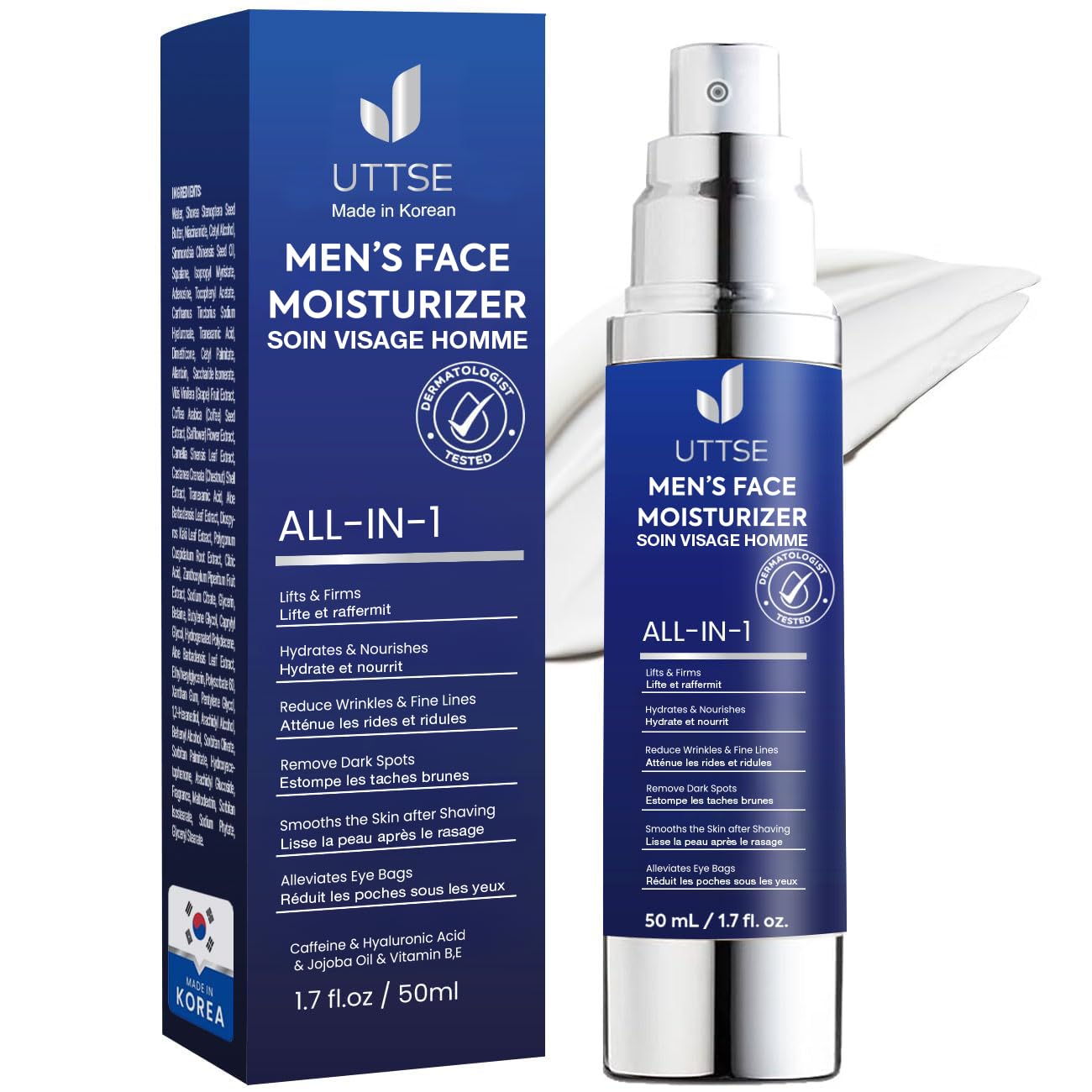 Uttse 6-in-1 Mens Face Moisturizer: Face Cream for Men - Reduce the Look of Eye Bags, Dark Circles, and Puffiness - Skin Care for Men - 1.7 fl oz - Made in Korea