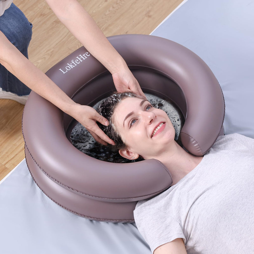 Portable Inflatable Hair Washing Basin for Bedridden - Wash Hair in Bed with Inflatable Shampoo Bowl.For Elderly,Disabled,Injured,Ideal Inflatable Sink for Locs Detox (Brown, 18in Inner)