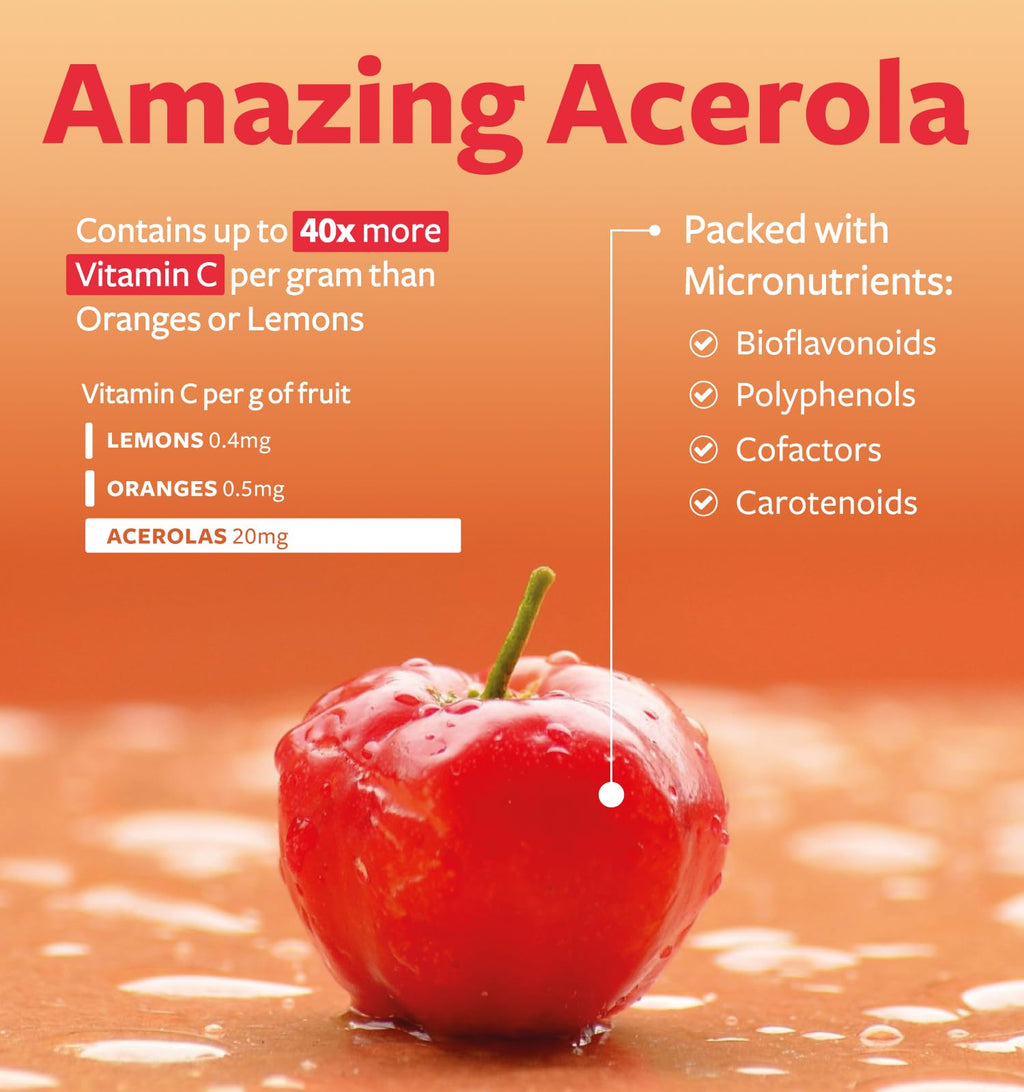 Certified Organic Vitamin C Supplement - Whole Food Acerola Vitamin C Immune Support Supplement for Seasonal Wellness with Naturally Occurring Bioflavonoids Polyphenols & Cofactors (1 Month Supply)
