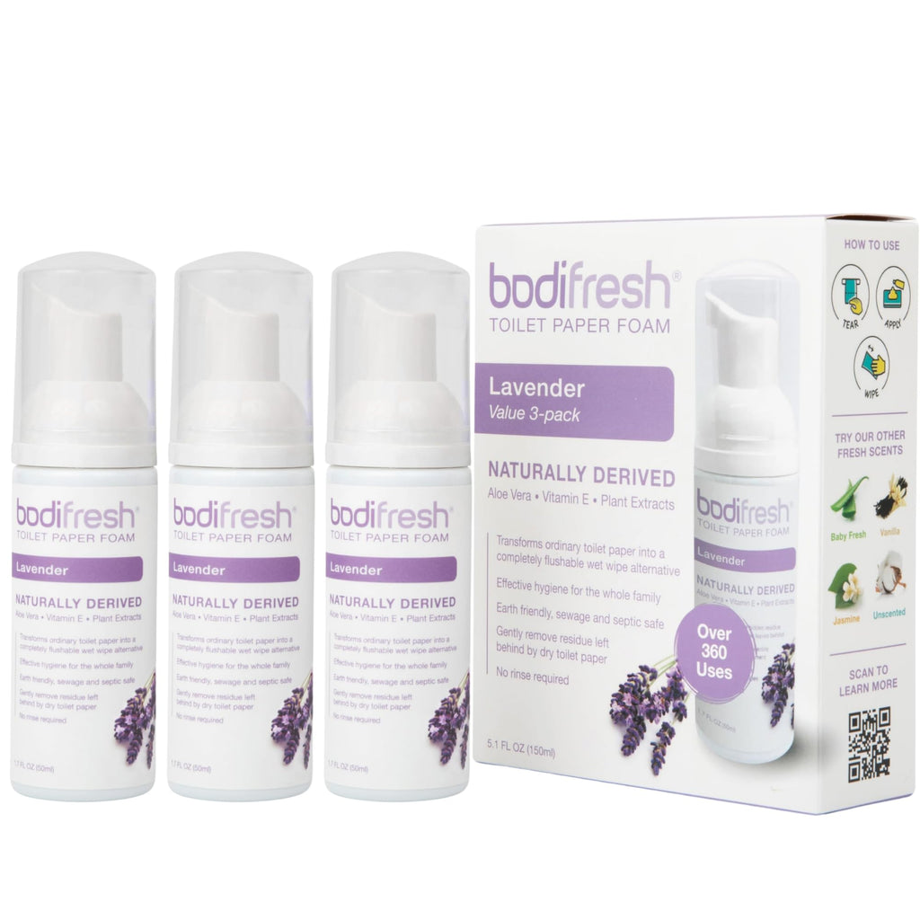 Bodifresh Toilet Paper Foam, Liquid Wet Wipe | Plant-Based, Eco Friendly Flushable Wet Wipe Alternative with Aloe & Vitamin E (1.7 Fl Oz (Pack of 3), Lavender)