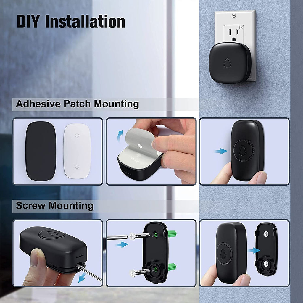 SECRUI Wireless Doorbell with 3Receivers 2 Push Buttons, Easy installation, Adjustable Volume, 58 Chimes, Colorful LED, 1000Ft Range, M520+F55, Black