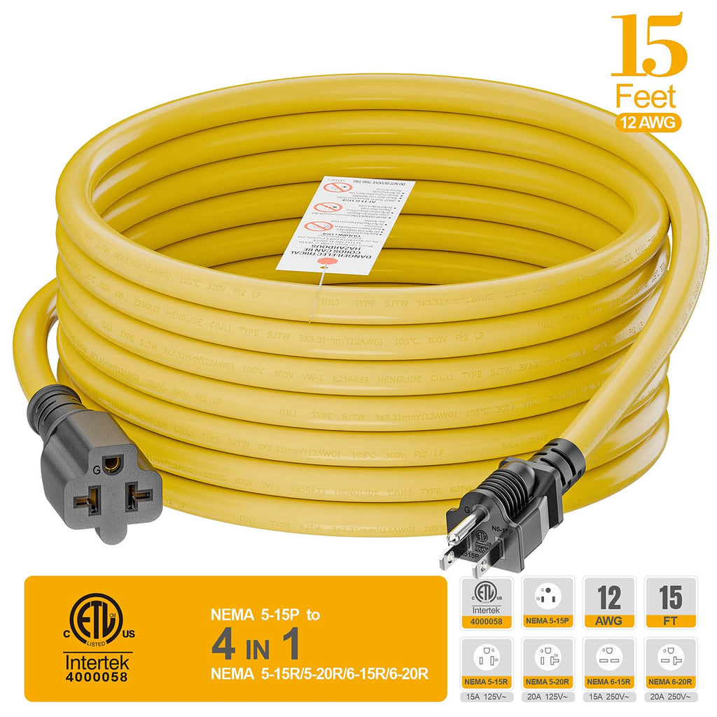 [15-Feet] NEMA 5-15P to 5-15R/ 5-20R/ 6-15R/ 6-20R AC Adapter, Plugrand 12AWG 15 Amp Household AC Plug to 20 Amp T Blade Adapter Cable, 15A 125V to 20A 250V Extension Cable, 15FT