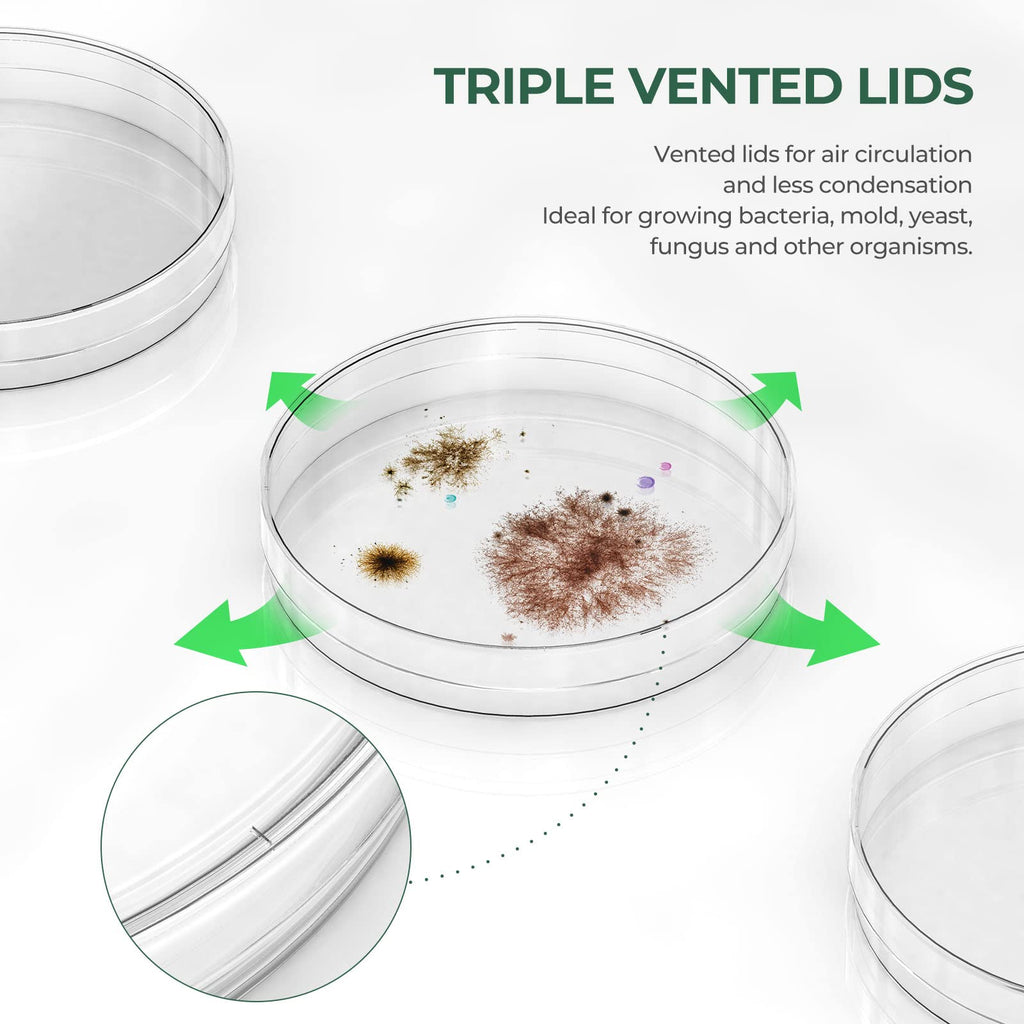 10 Pack Sterile Thick Plastic Petri Dishes with Lid, 90mm Dia x 15mm Deep Clear 3 Vents Petri Dish for Lab Science Experiment